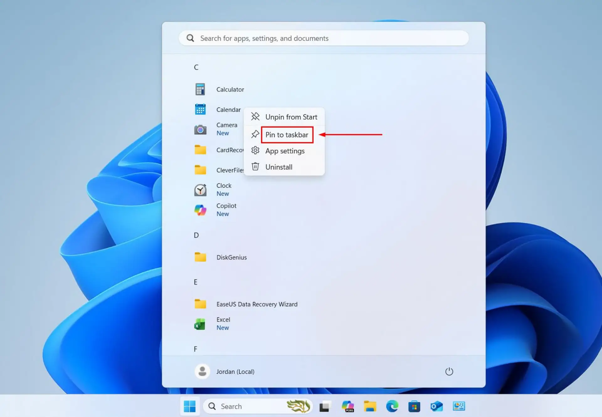 Pinning an app to taskbar from Search.