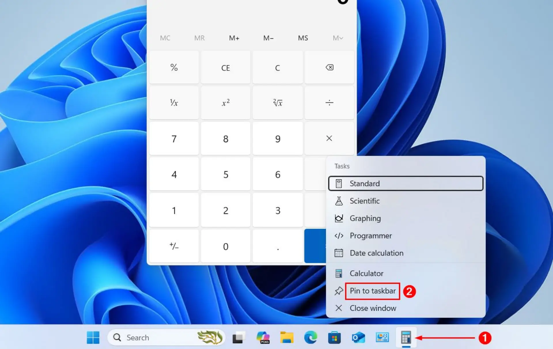 Pinning an app from the taskbar.