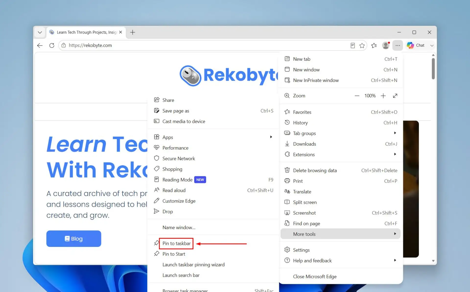 Pinning a website to taskbar in Edge.