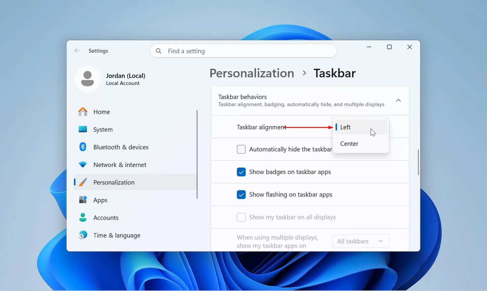 Changing taskbar to left alignment.