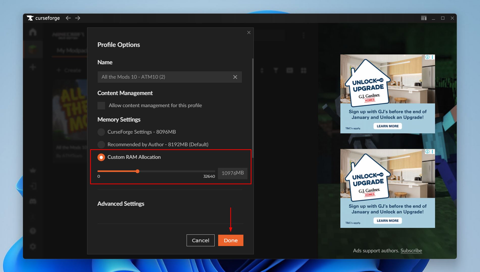 Setting a custom RAM amount.