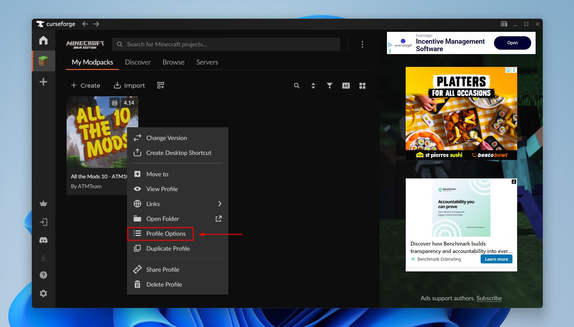 Opening the profile options.
