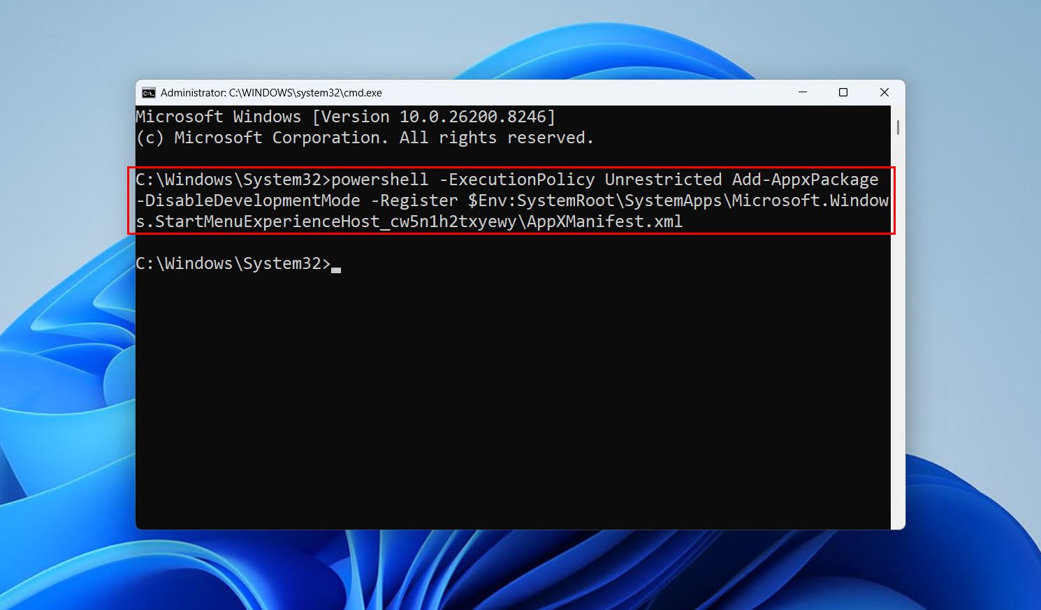Running the command in CMD.