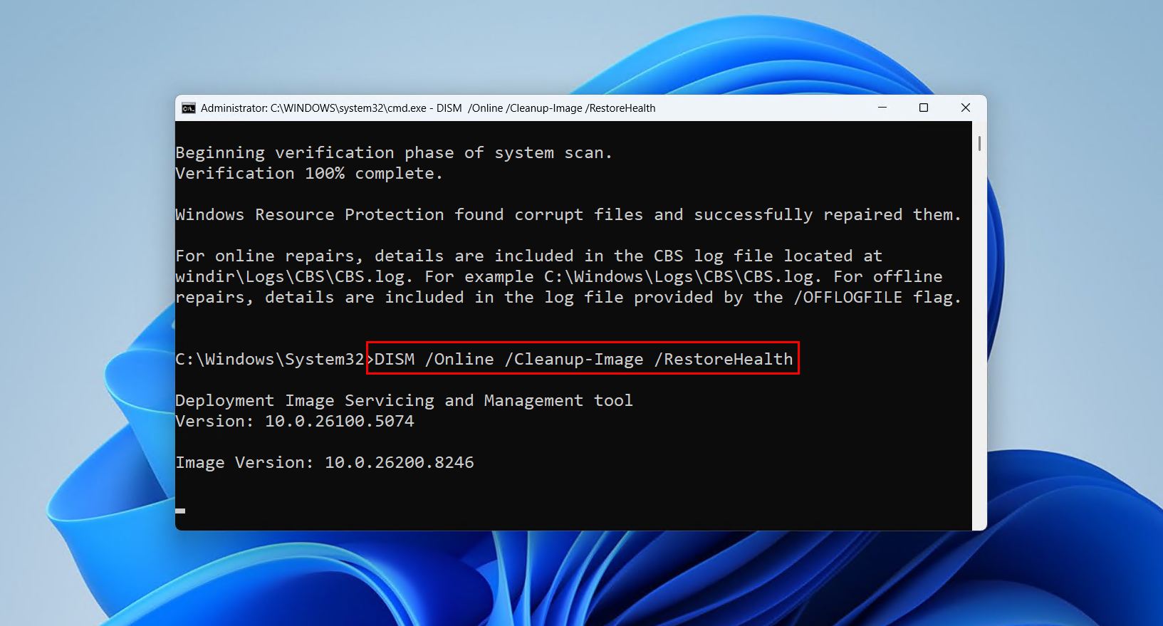 Running the DISM command.