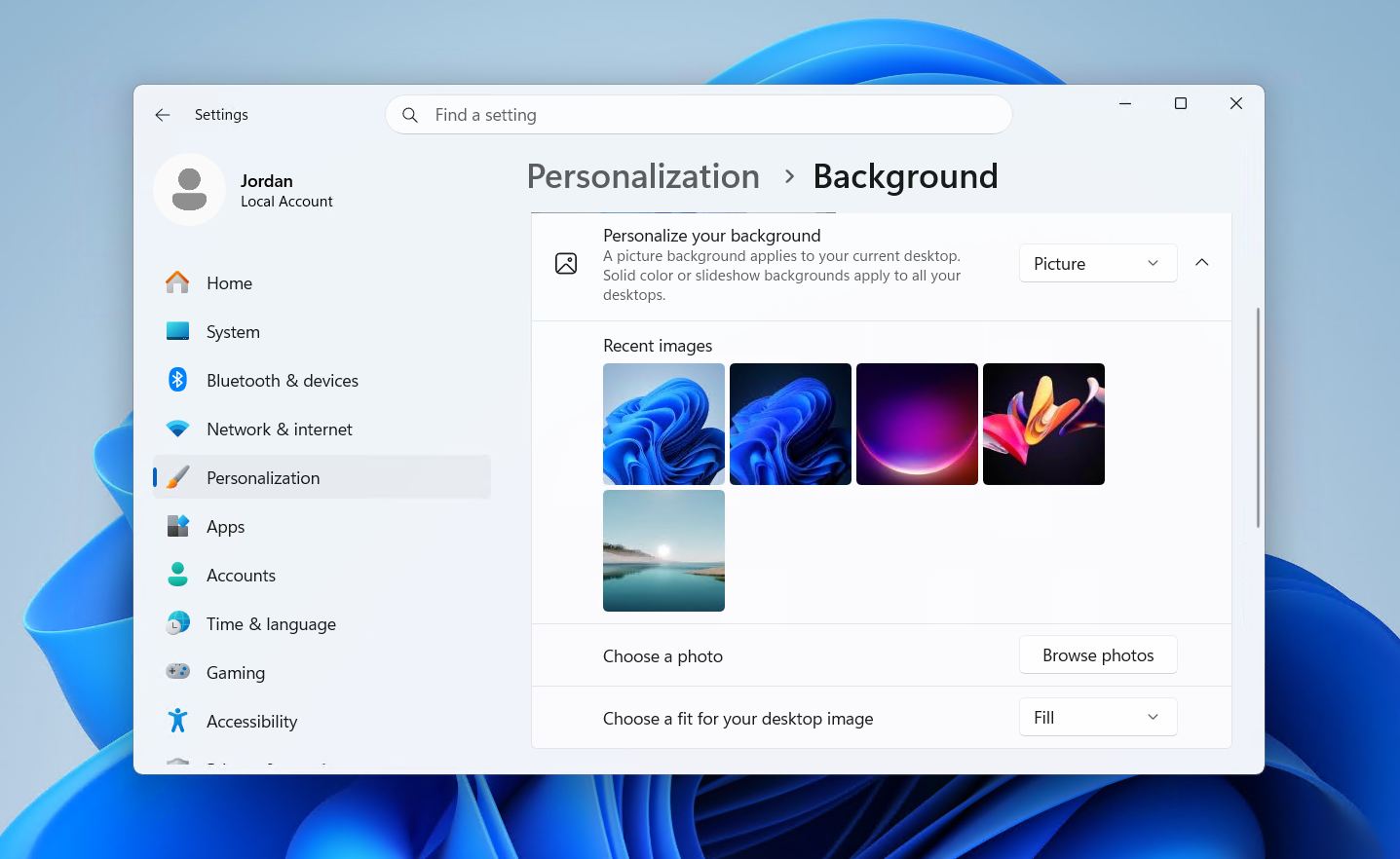 Picture background option selected