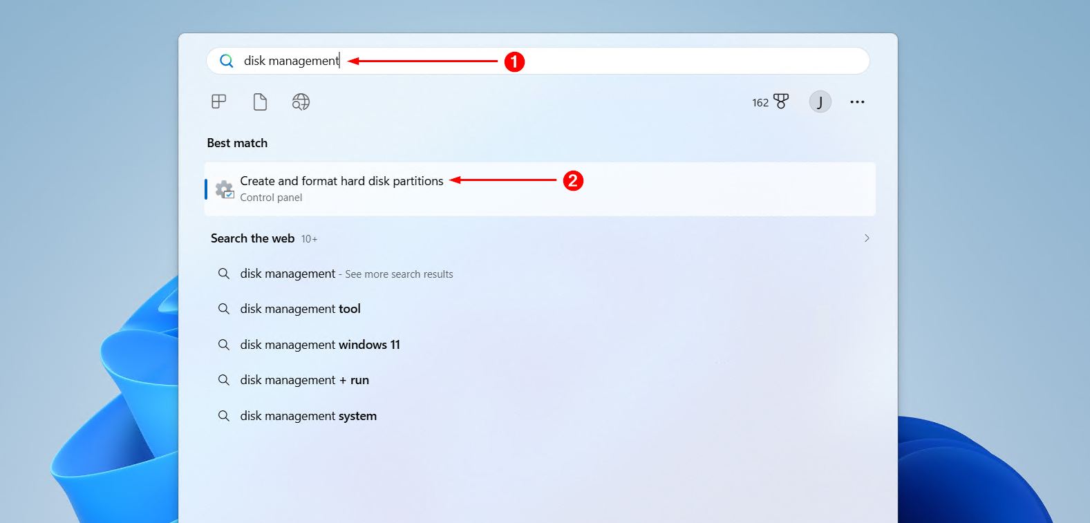 Searching disk management in Windows search