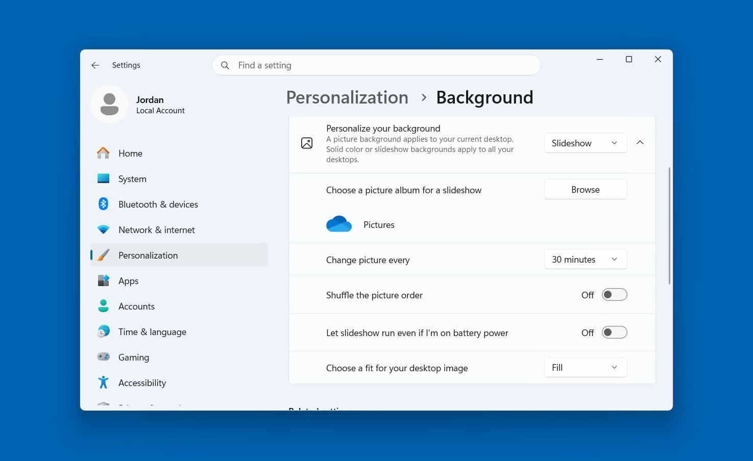 Slideshow background option selected