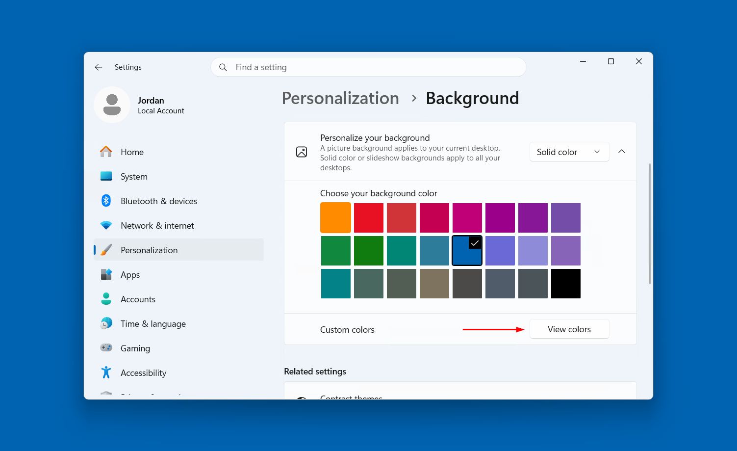 View colors button in solid color settings