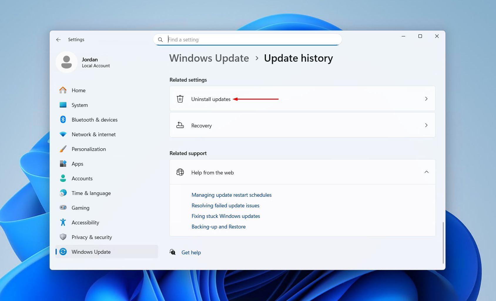 The uninstall updates option.