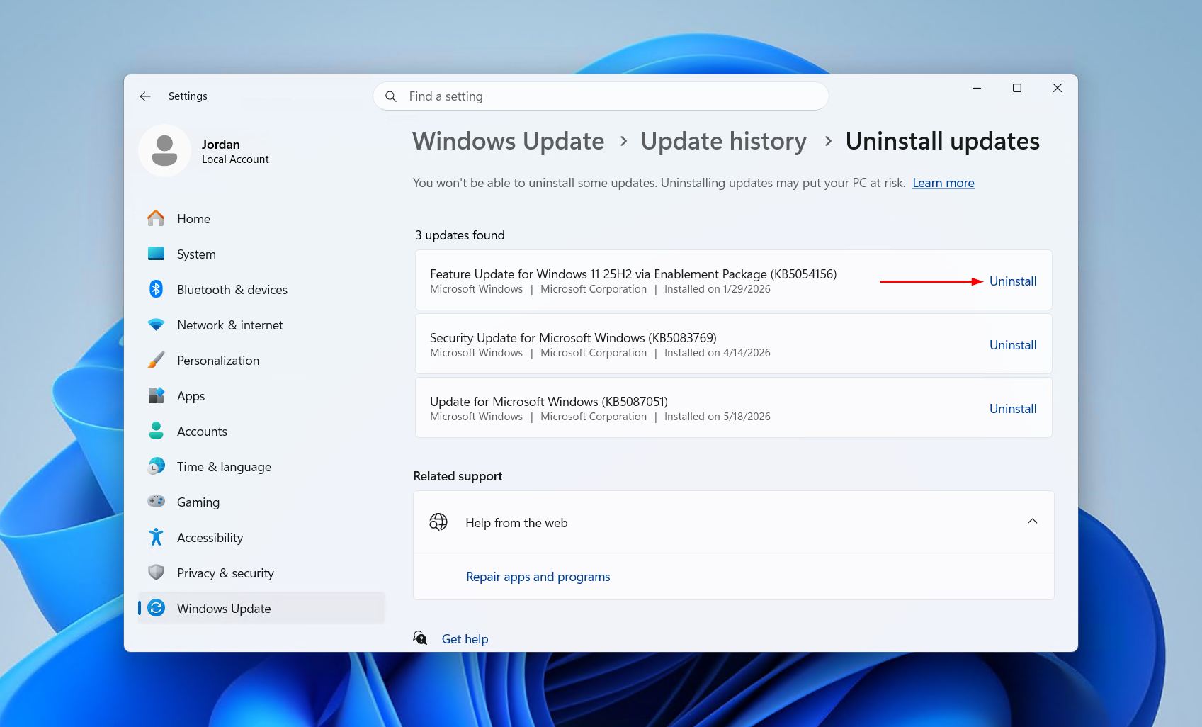 Uninstalling an update.