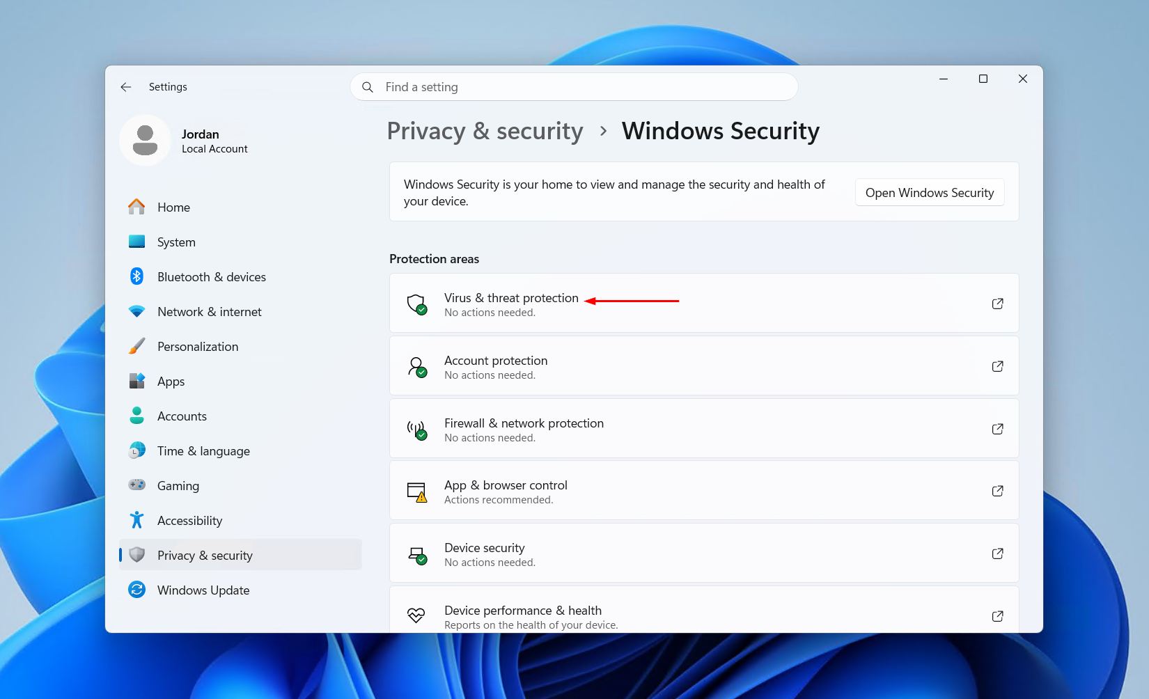 Opening Windows Security Virus & Threat protection.