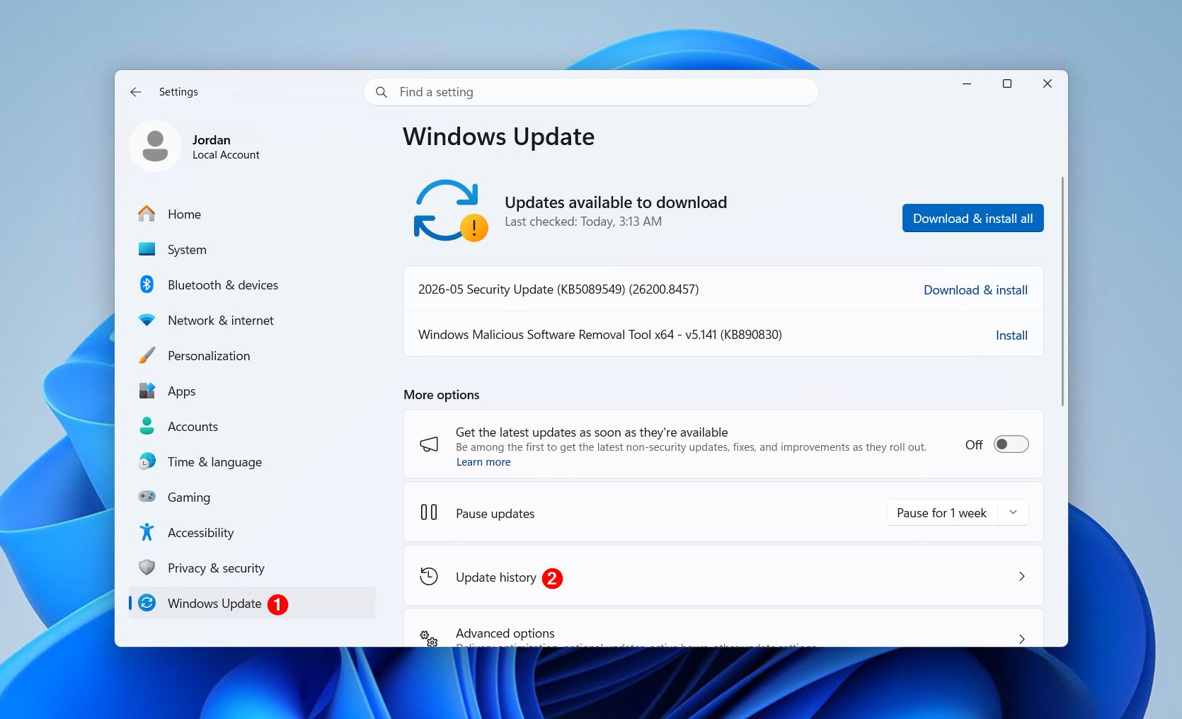 Accessing the Windows Update history.