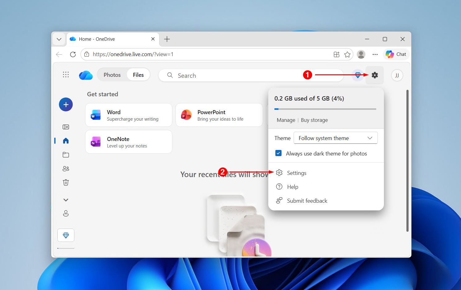 Opening OneDrive settings.