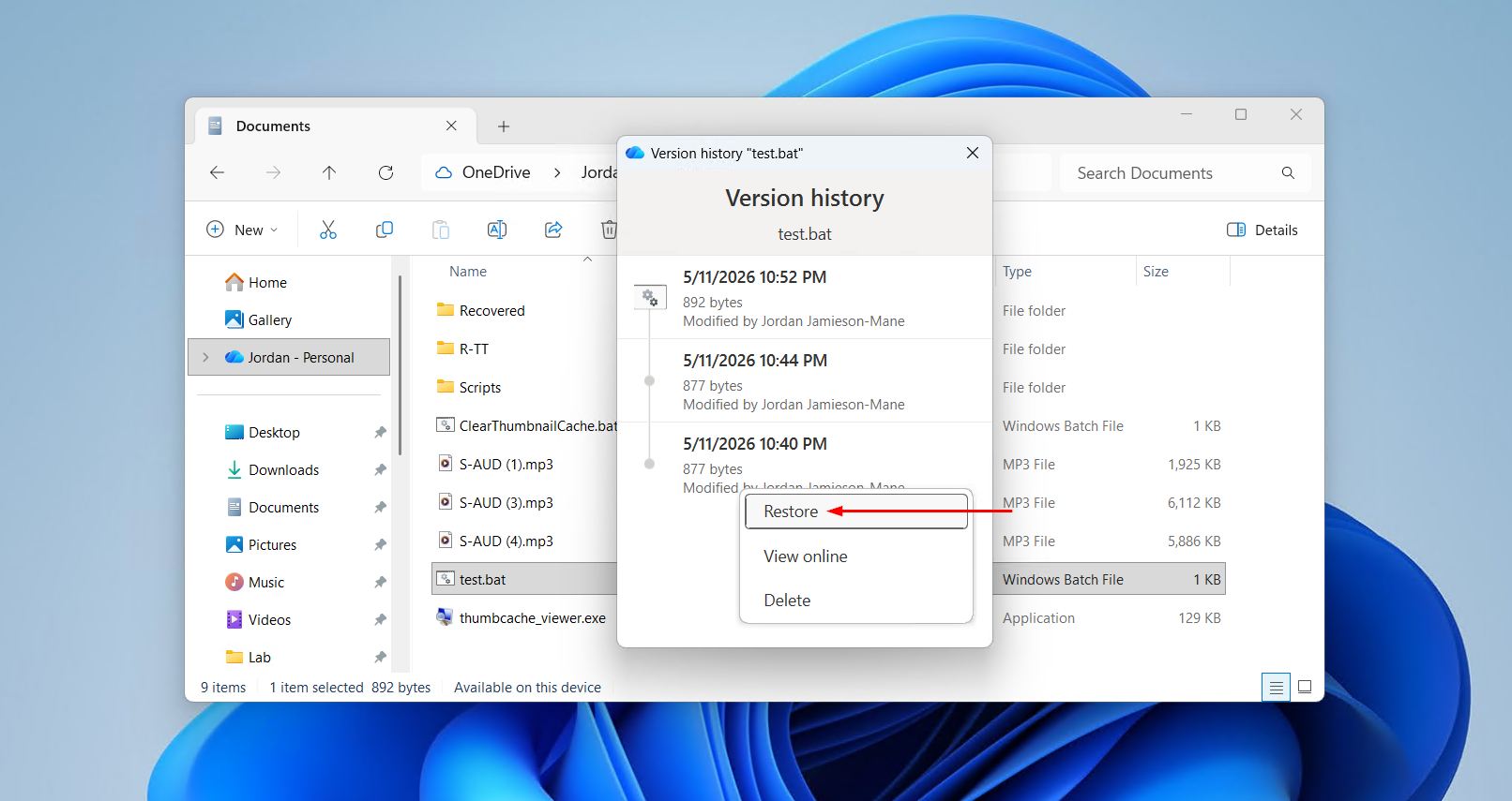 Restoring a OneDrive file in File Explorer.