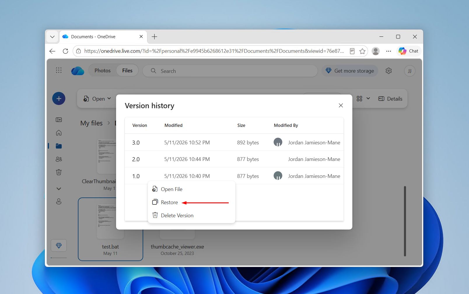 Restoring a OneDrive file.