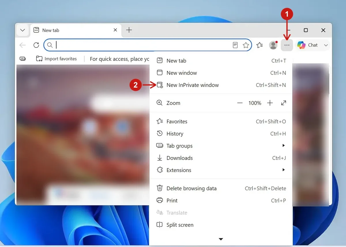 Microsoft Edge menu with New InPrivate window and its Ctrl plus Shift plus N shortcut highlighted