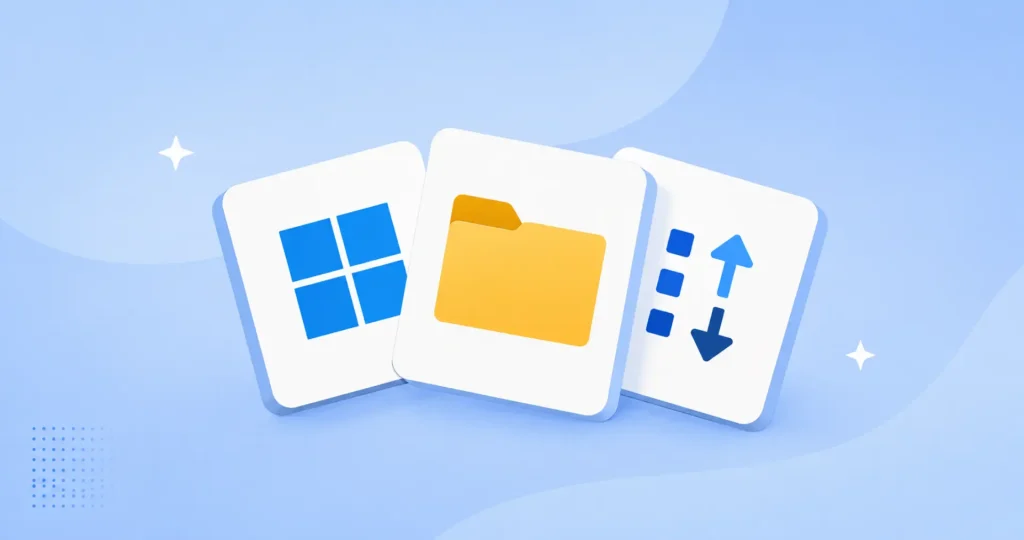 The Windows logo, a folder and a sort arrow on three cards, illustrating how to organize files in Windows 11