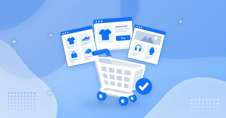 Flat illustration of a shopping cart in front of three online store page layouts.