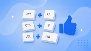 Ctrl + C, Ctrl + V and Alt + Tab keycaps beside a thumbs-up icon, illustrating Windows shortcuts for beginners
